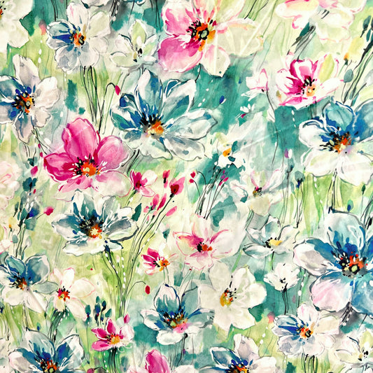 Watercolor lilies green and pink flower pattern on a blue beeswax wrap