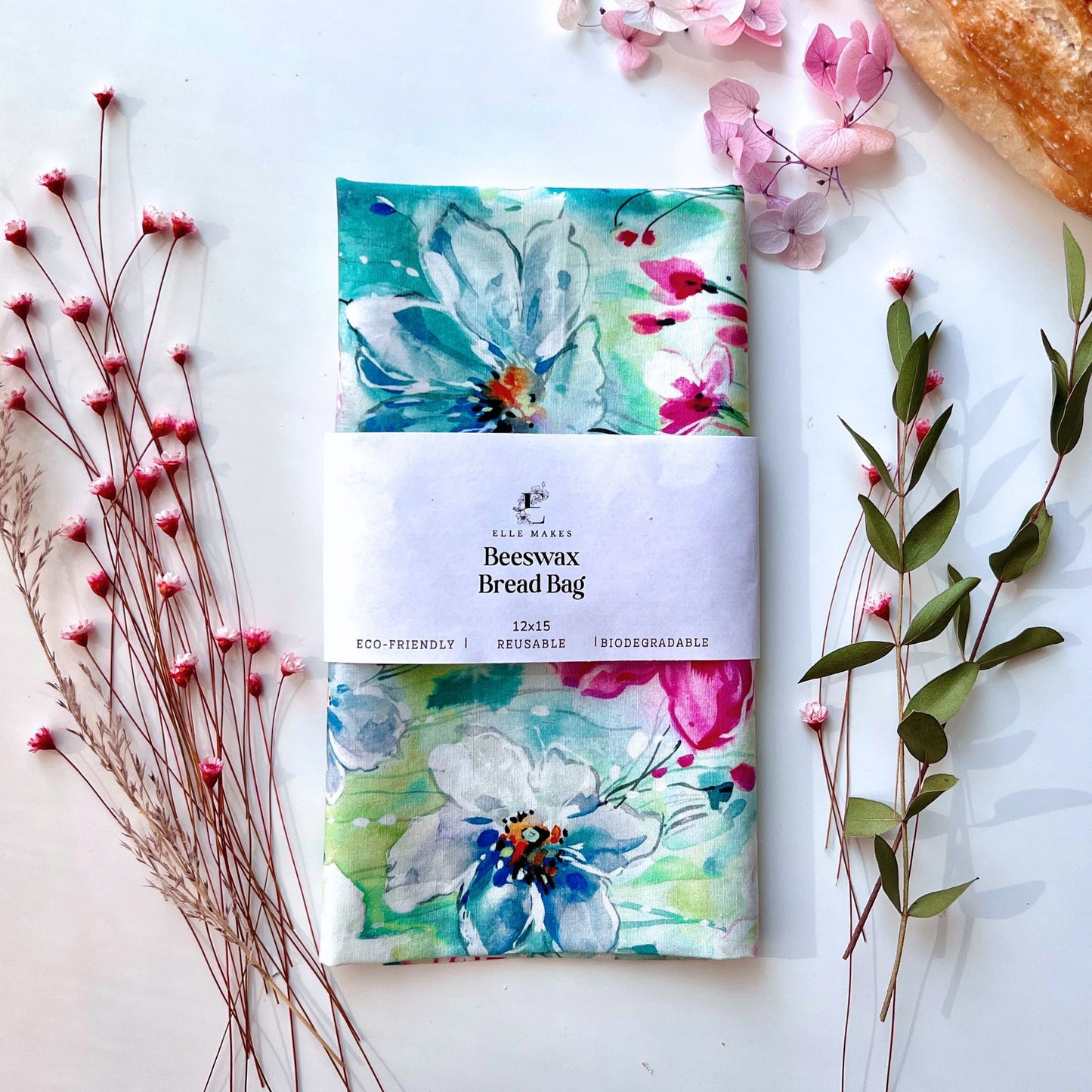 Beeswax bread bag with floral green and blue waterlily design
