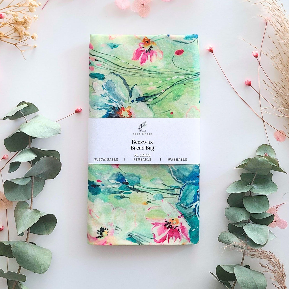 Beeswax bread bag with floral green and blue waterlily design