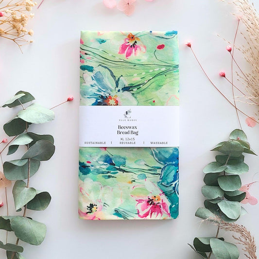 Beeswax bread bag with floral green and blue waterlily design