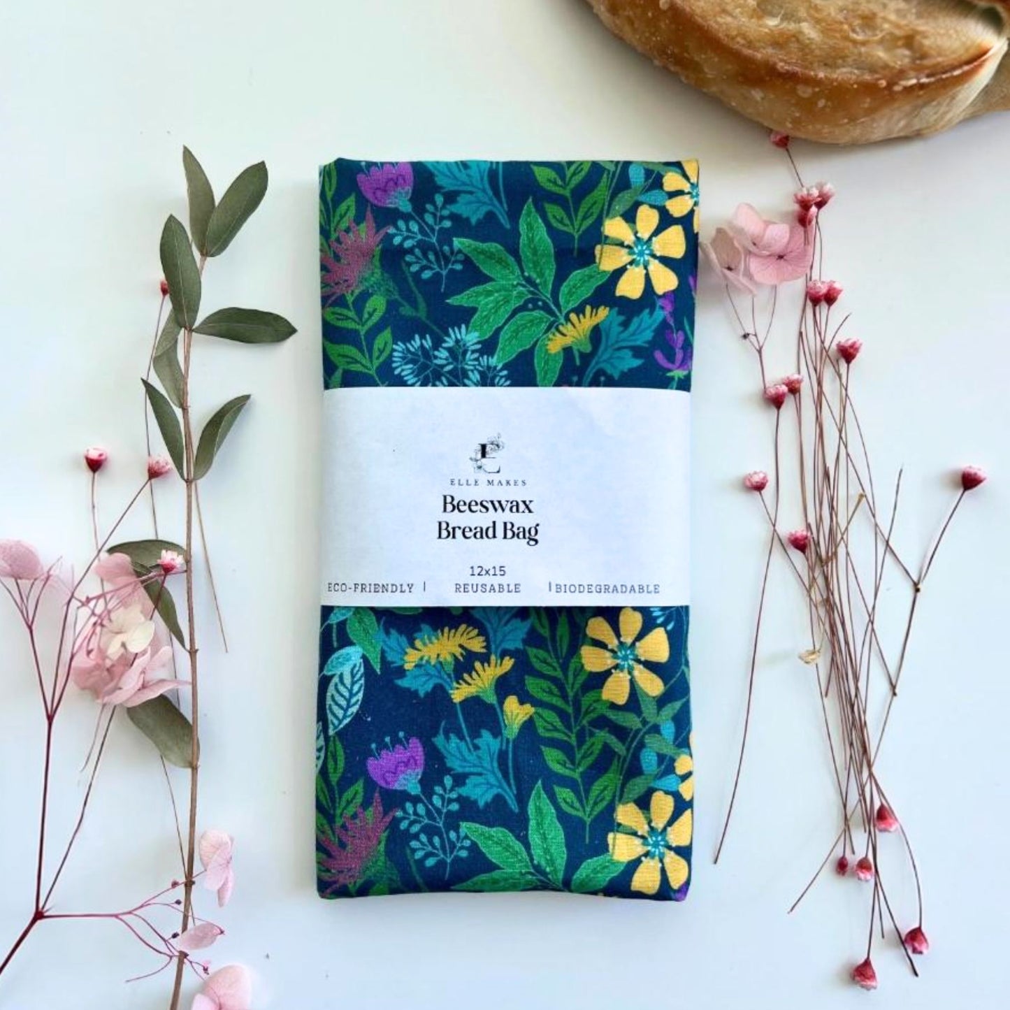Beeswax bread bag with floral jungle design with sourdough