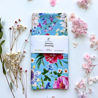 pink and white Floral patterned blue beeswax bread bag