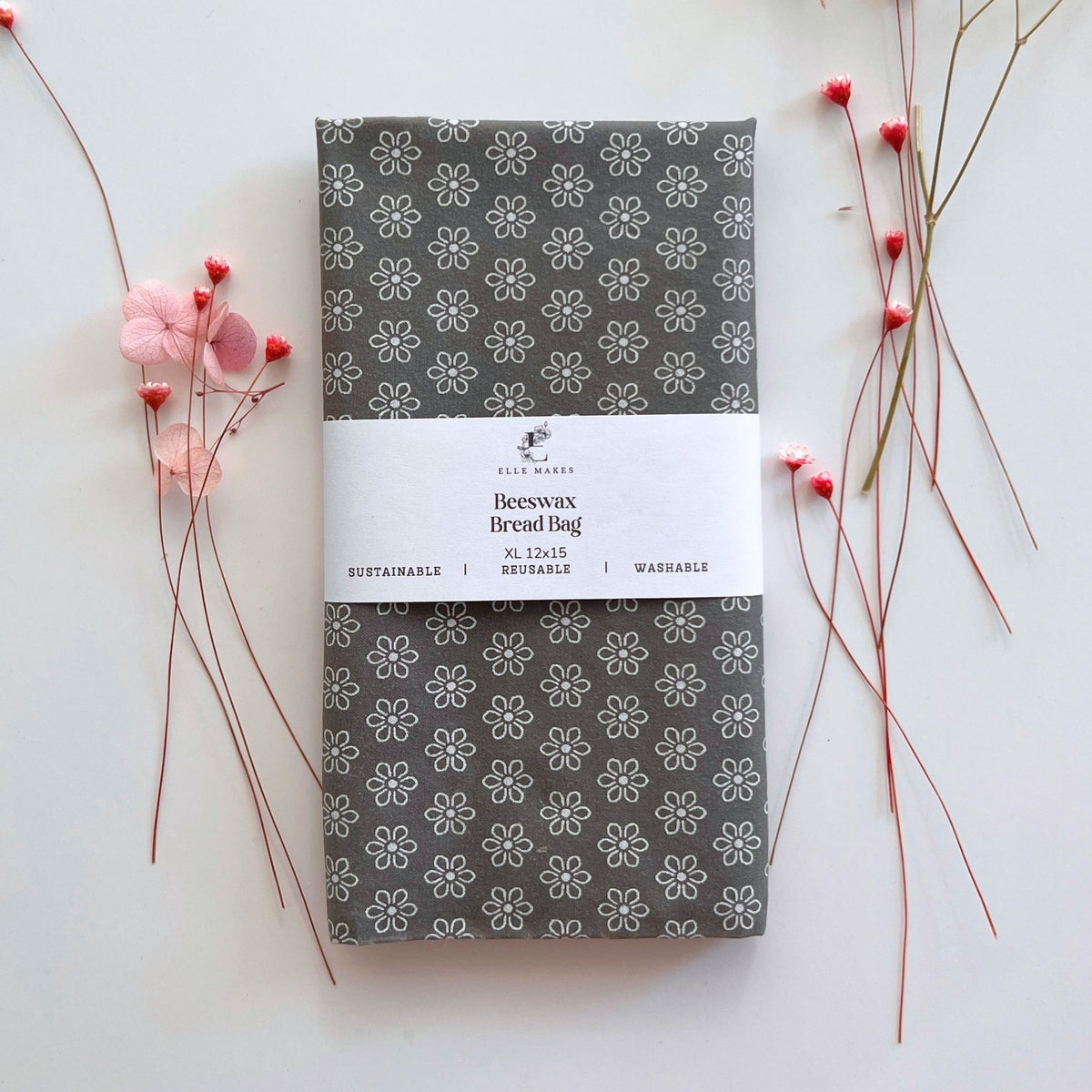 Reusable Beeswax bread grey bag with white floral pattern 