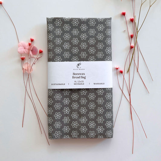 Reusable Beeswax bread grey bag with white floral pattern 