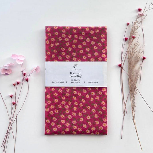 Beeswax bread bag with floral white and magenta pattern