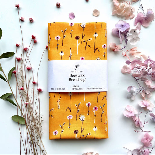 Beeswax bread bag with yellow field and white flowers design 