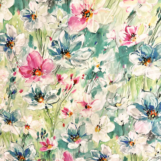 Watercolor lilies green and pink flower pattern on a blue beeswax wrap