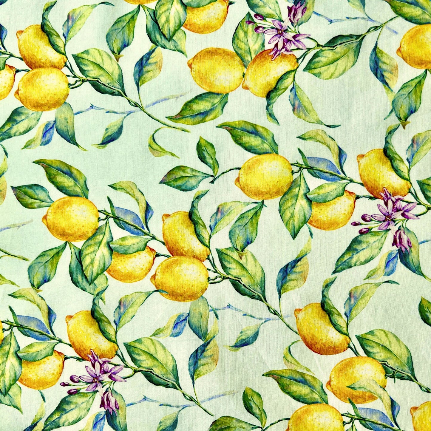 Pattern of lemons and leaves on a white beeswax wrap