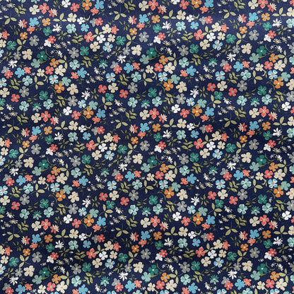 Navy blue beeswax food wrap with small multicolored floral pattern