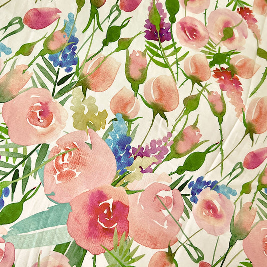 Pattern of watercolor flowers with pink roses, green leaves on a white beeswax wrap