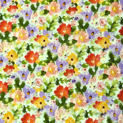 Pattern of colorful flowers with red, yellow, green, and purple on a white beeswax wrap