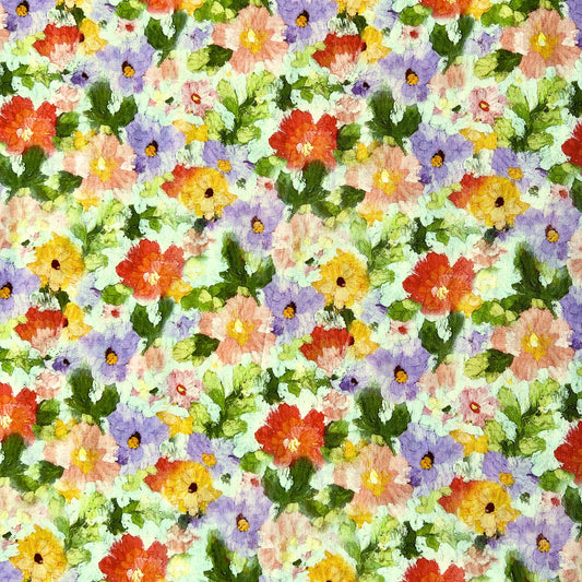 Pattern of colorful flowers with red, yellow, green, and purple on a white beeswax wrap