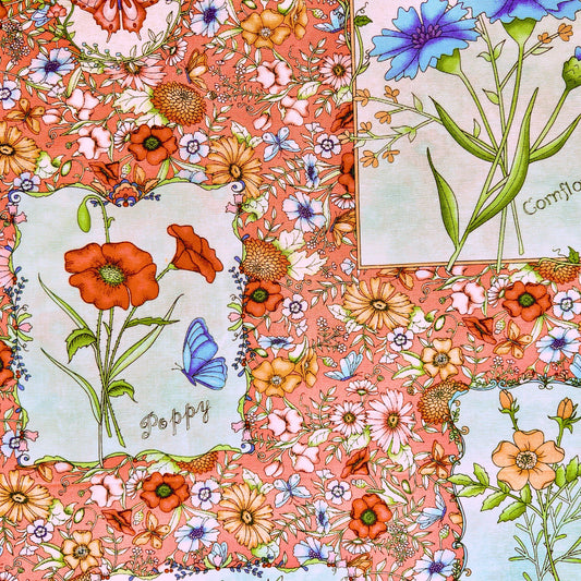 Colorful floral pattern with poppies and butterflies on a red beeswax wrap