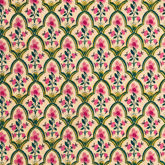 Decorative fabric pattern with pink flowers and green leaves on a white beeswax wrap