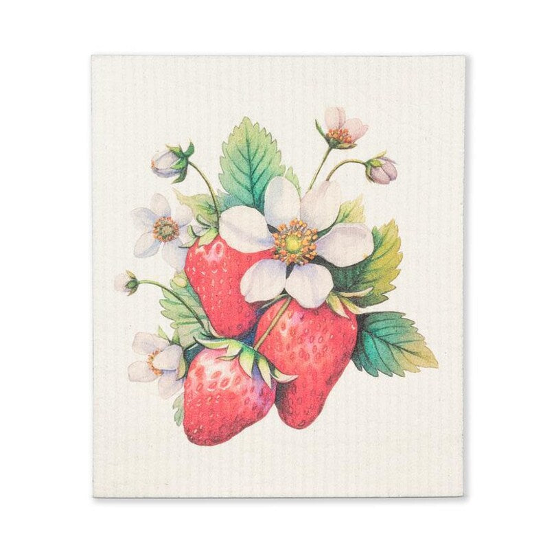 Illustration of strawberries and flowers on a white swedish reusable kitchen cloth