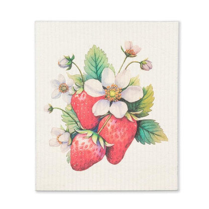 Illustration of strawberries and flowers on a white swedish reusable kitchen cloth