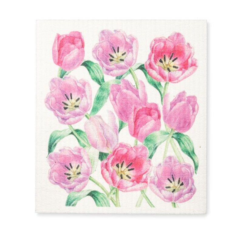 Illustration of pink tulips on a white swedish cloth