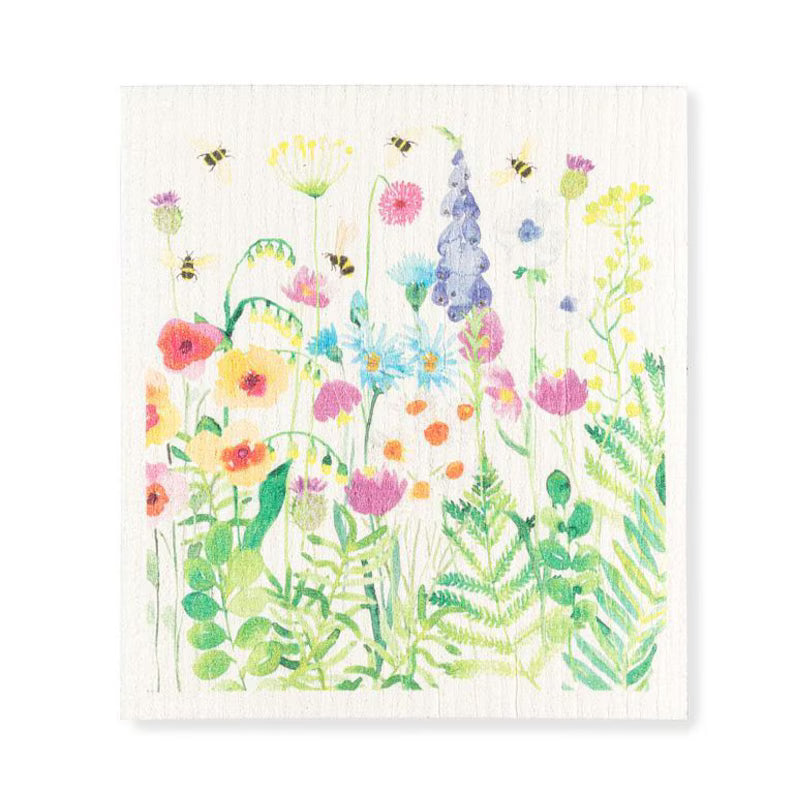Colorful illustration of flowers and bees on a white swedish cloth