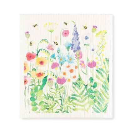 Colorful illustration of flowers and bees on a white swedish cloth