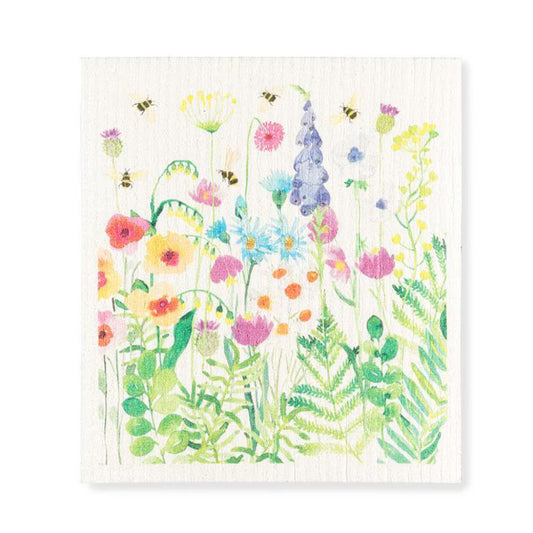 Colorful illustration of flowers and bees on a white swedish cloth